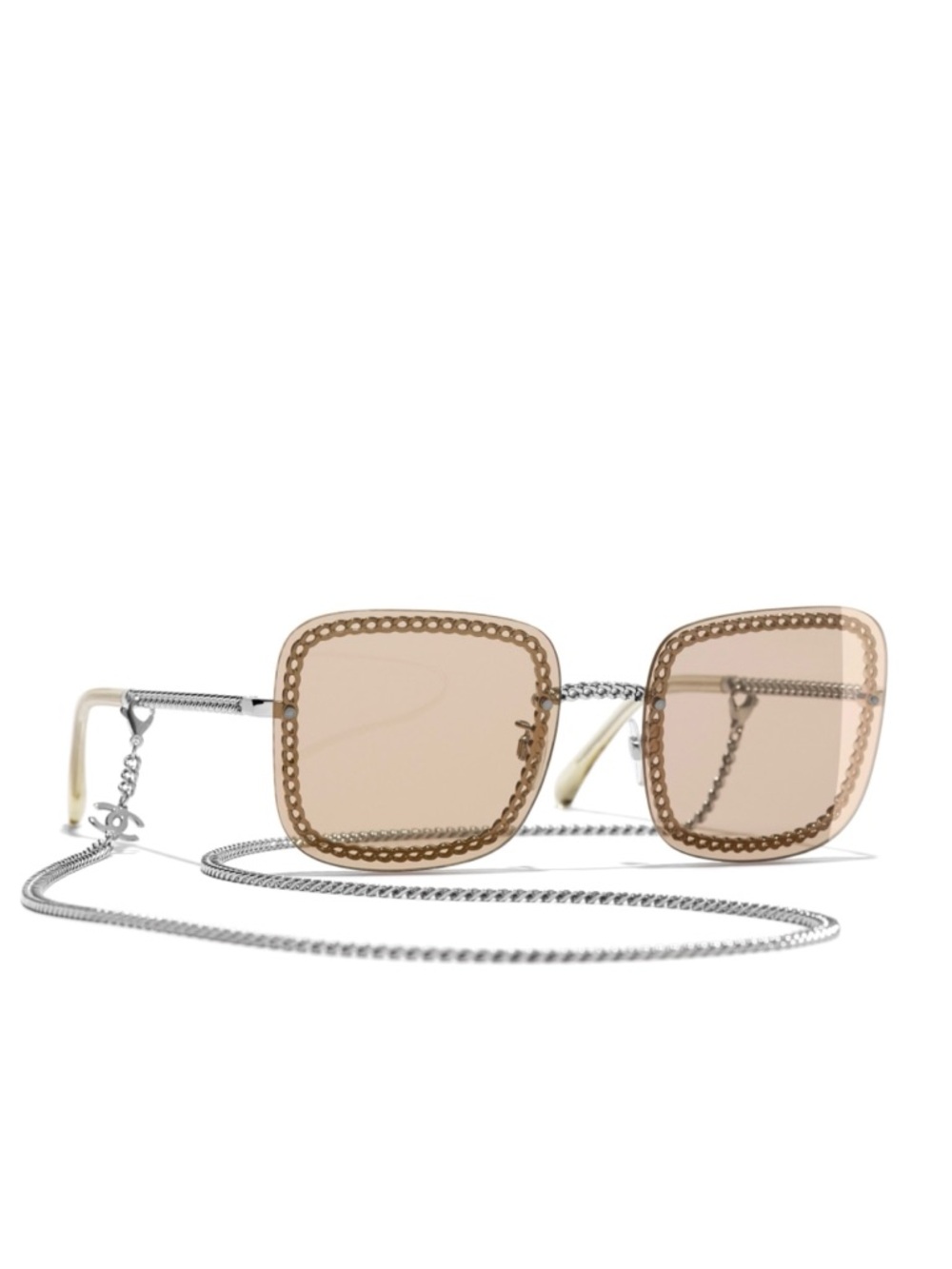 CHANEL Square Rimless Sunglasses in Light Brown with Silver Chain